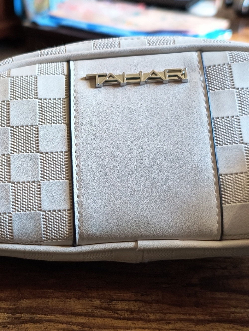 Tahari Cream Textured Crossbody Pouch with Logo Tag